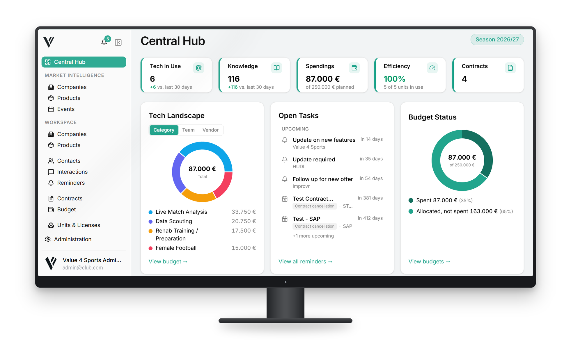 Value 4 Sports platform Central Hub shown on a monitor